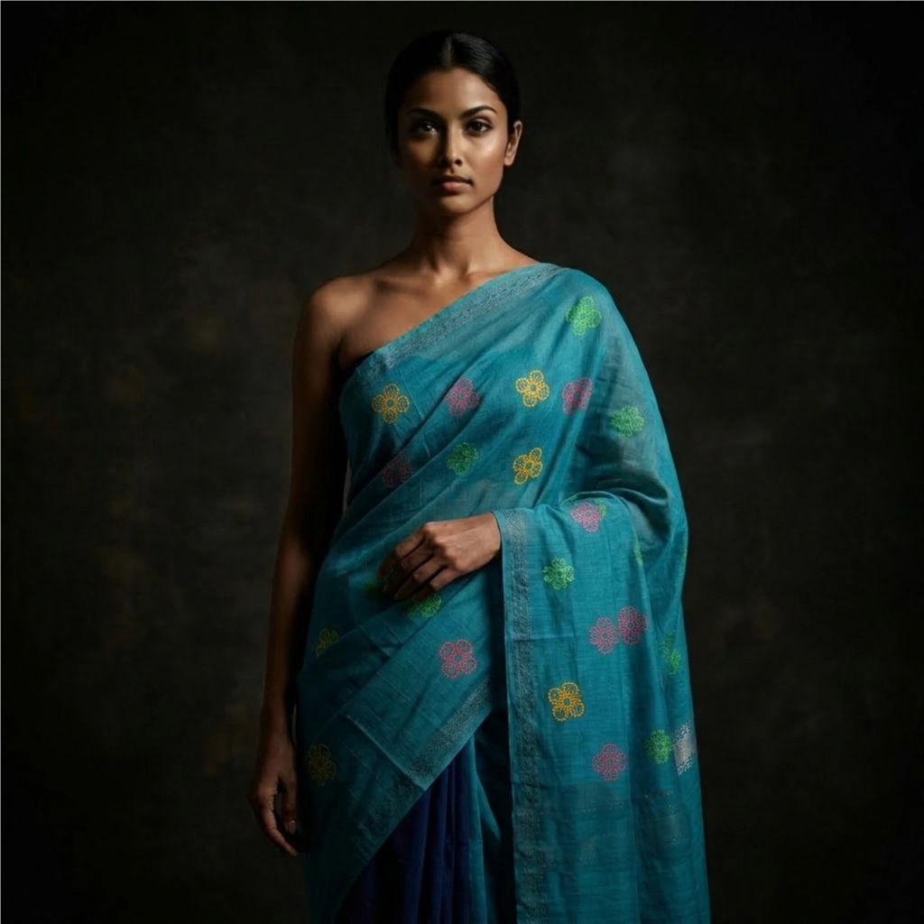 Woman wearing a blue saree with floral patterns on a dark background