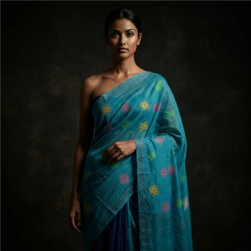 Woman wearing a blue saree with floral patterns on a dark background